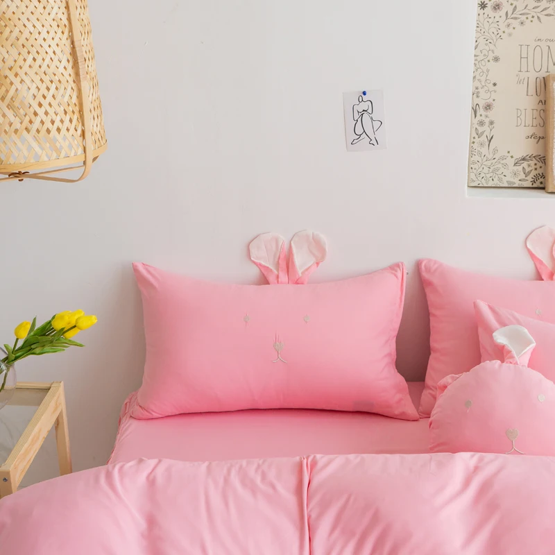 Washed Cotton Princess Style Home Soft Duvet Cover Pillowcases Bed Sheet 4 Pcs Linen Ruby Pink White Blue Queen Girls | Дом и сад