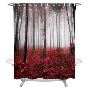 Autumn Woods Maple Leaves Red Shower Curtain Waterproof Polyester Fabric Bathroom Curtain Home Bath Curtain with Hook