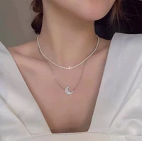 hot fashion double layer masonry moon necklace for women pendant clavicle chain temperament trendy jewelry korean fashion gift