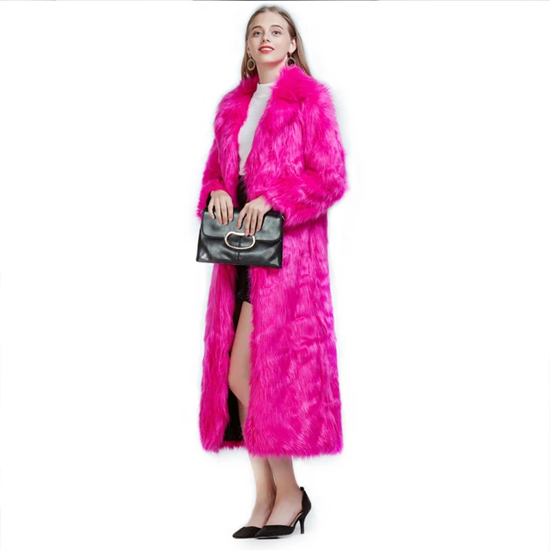 2021 Winter Women High Street Luxury Long Faux Fur Coat Lady Vintage Slim Red Pink Faux Fur Coats Femal Blue Fake Fur Jacket images - 6