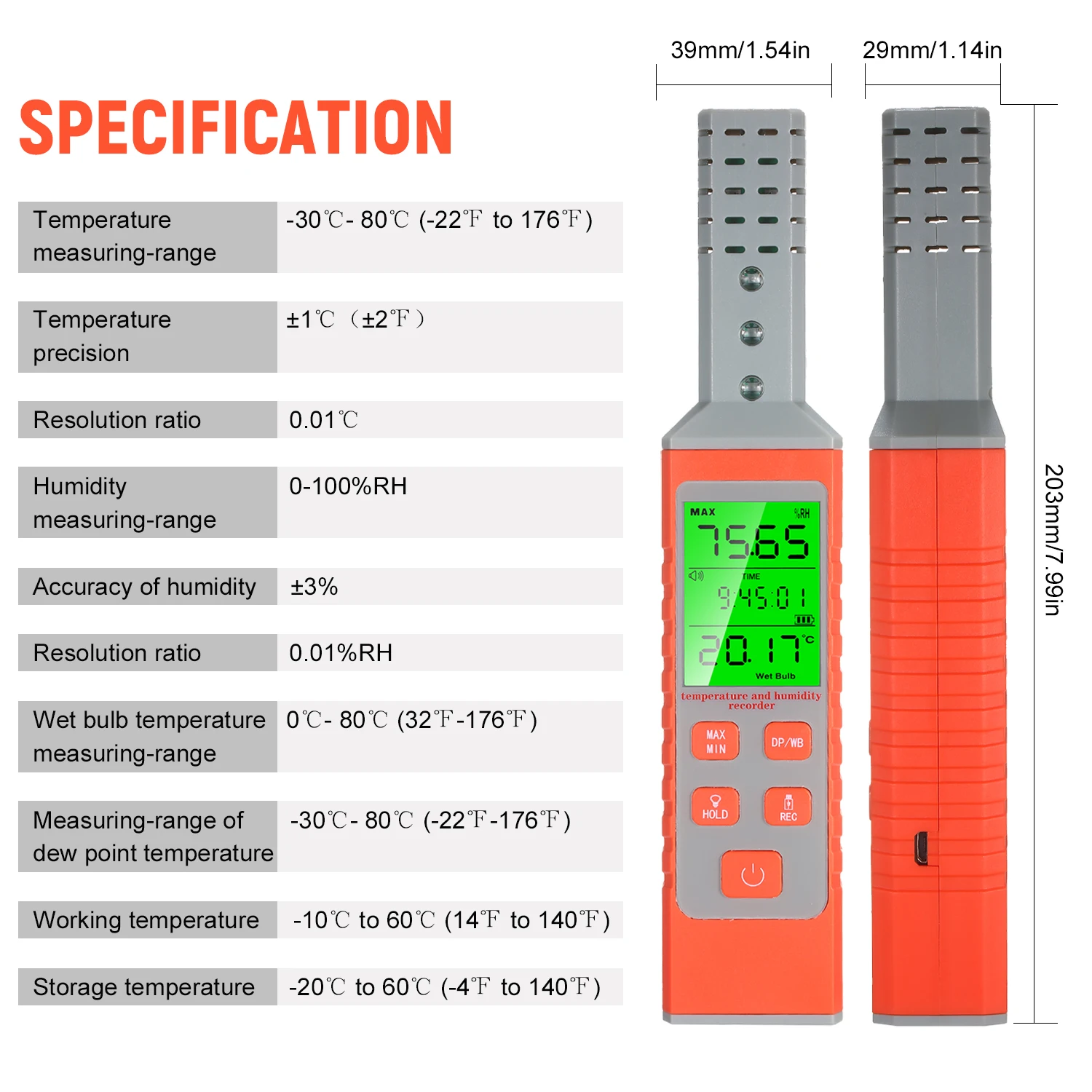 

Handheld USB Temperature and Humidity Recorder Support Real-Time Monitoring LCD Backlit / Switchable Thermometer Hygrometer