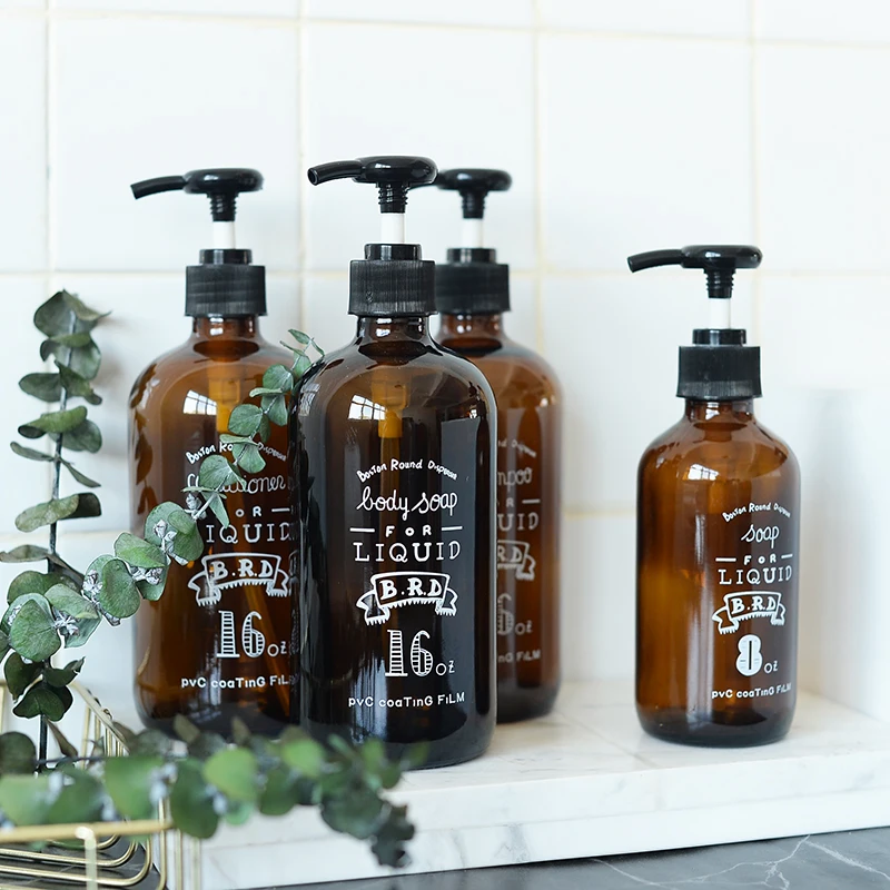 Стеклянная бутылка для хранения шампуня ванны 460 мл коричневая с жидким лосьоном
