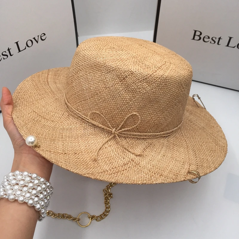 new straw sunhat for women with chain pearls for gift hat treasure grass tide free shipping