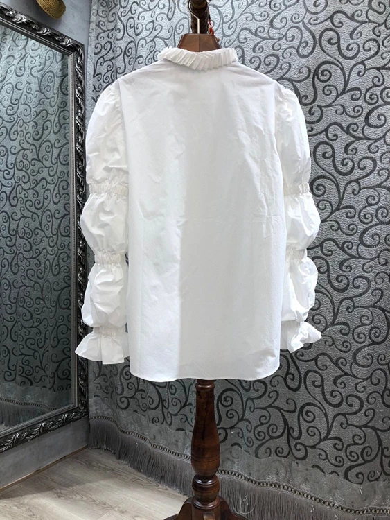 

2020 autumn and winter new women's pleated neckline decoration lotus root knot sleeve stitching long-sleeved button shirt 1017