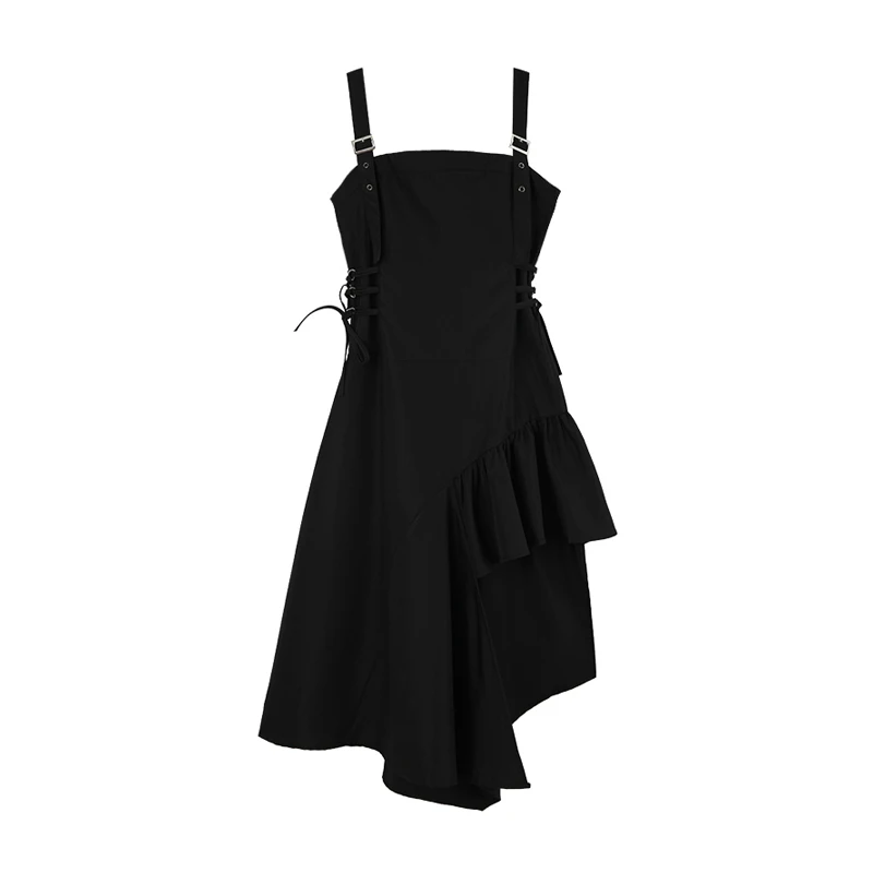 

Qeils Black Vintage Gothic Autumn Sleeveless Harajuku Streetwear Irregular A-line Goth Bandage Strap Dresses Punk