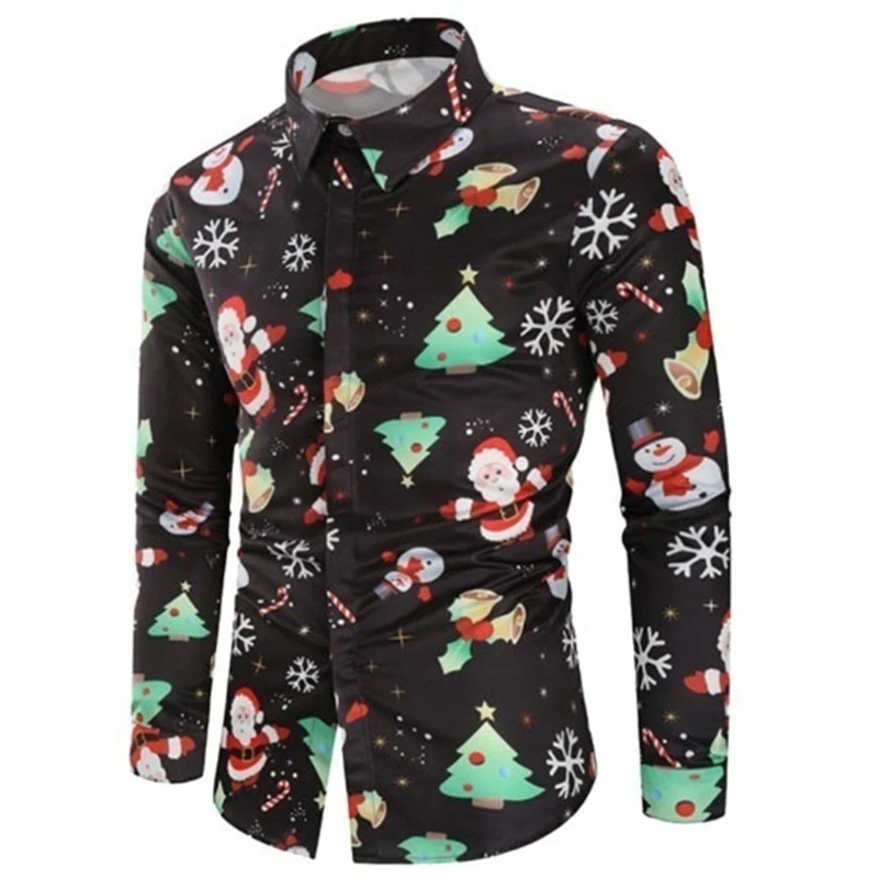 

Man Christmas Printed Shirt Autumn Fashion Turn Down Collar Long Sleeves Tops Male Casual Single Breasted Blouse 3XL
