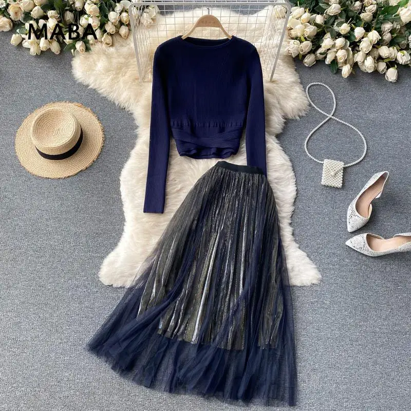 

Women Mesh Tulle Skirt Two Piece Set New Knitted Pullover Top+elastic Waist Pleated A-word Maxi Skirt Elegant Office Lady Set