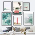 Картина на холсте с изображением тропического моря, пляжа, пальмы, доски для серфинга, автомобиля, неба, настенные плакаты и принты для декора гостиной