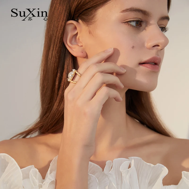

SuXin 2020 new fashion retro punk hip hop big pearl adjustable ring finger ring jewelry women gifts