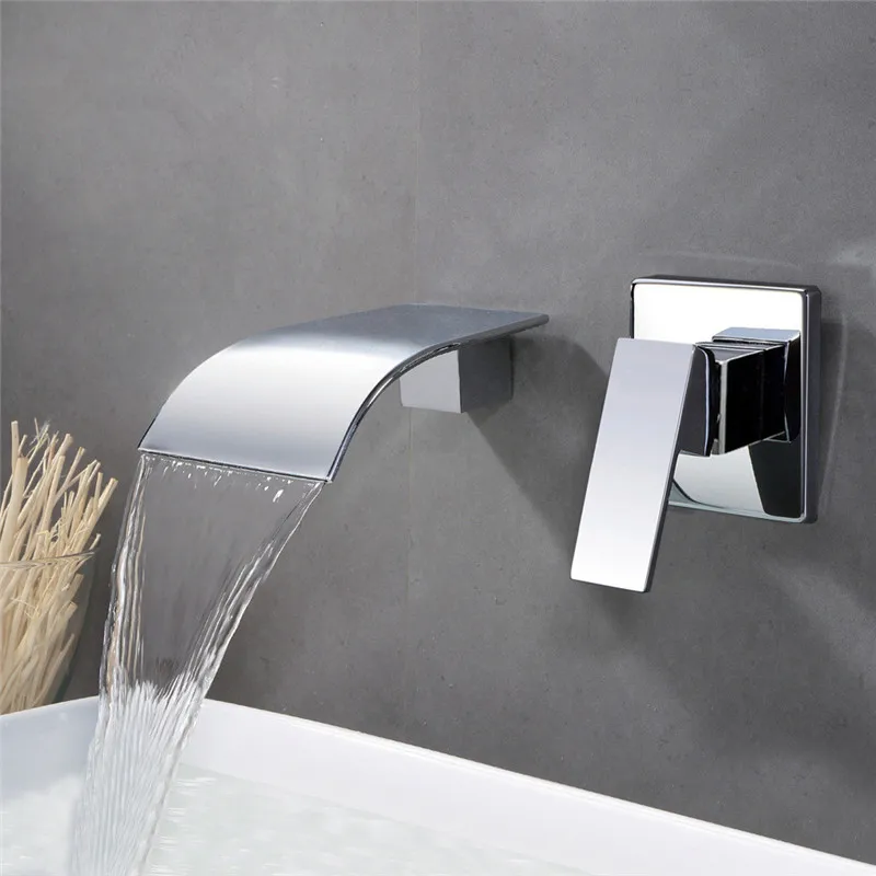 

Bathroom Basin Faucets Chrome Brass Single Handle In-Wall Hot & Cold Waterfall Sink Mixer Tap Lavatory Water Crane Faucet