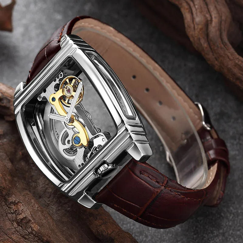leather sliver case Прозрачные автоматические механические часы для мужчин Turbillon стимпанк Скелет Роскошные шестерни турбийон мужские часы reloj montre homme - Цвет: leather sliver case