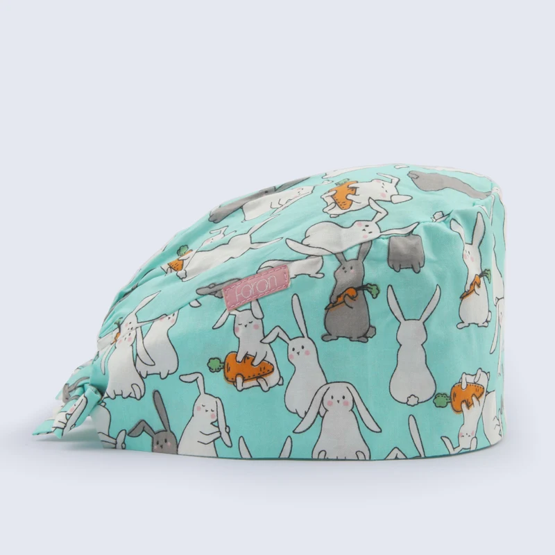 

Long Ear Rabbit Scrub Hat Scrubs Caps Women's Nursing Work Hats 100% Cotton Pattern Printing Scrub Hats Chef Cooking Cap