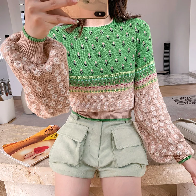 Женский жаккардовый вязаный укороченный свитер Осенний пуловер с люрексом и