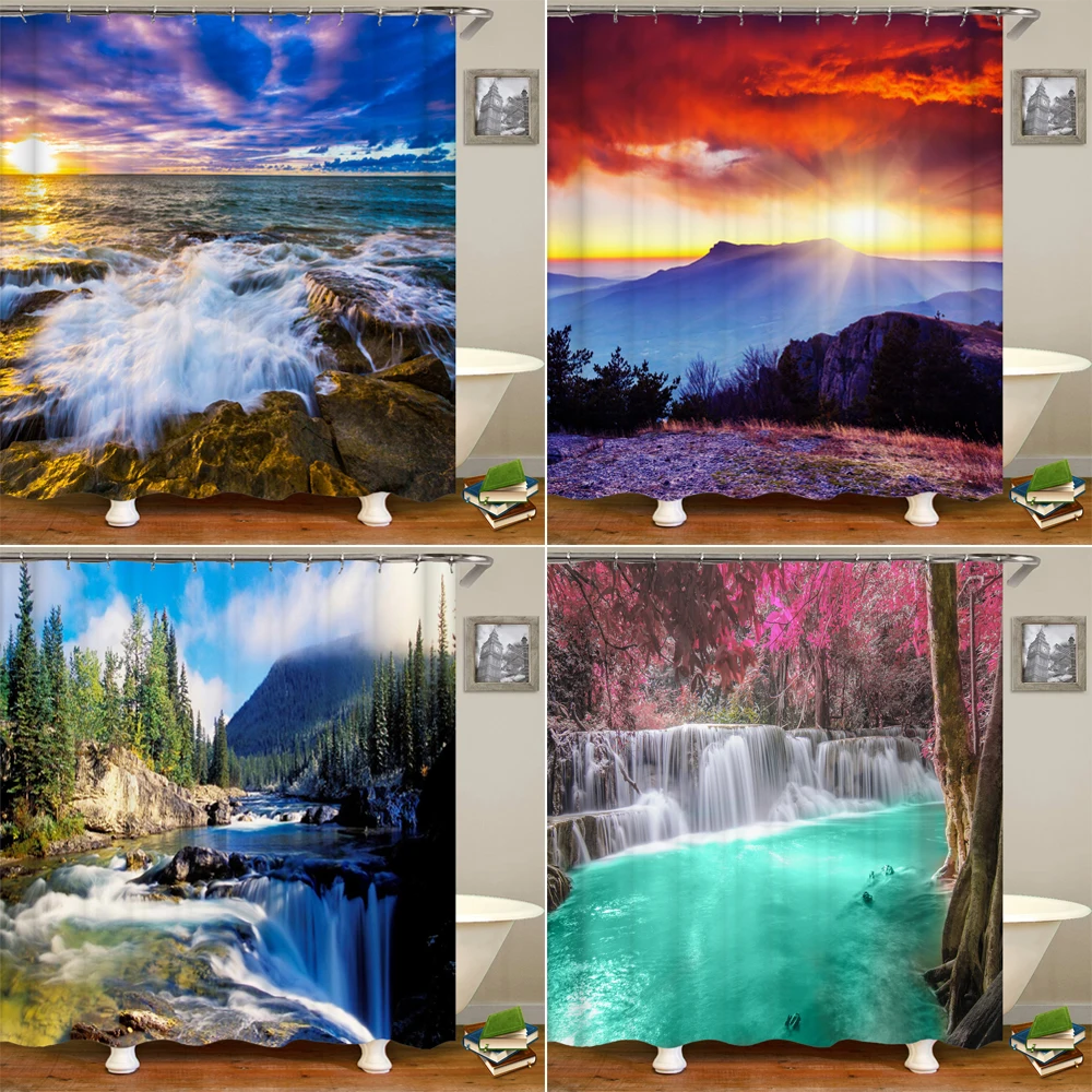 

3D Modern Forest Shower Curtain Mountain Landscape Waterfall Green Plants Pattern Bath Curtains with Hooks for Bathroom Decor