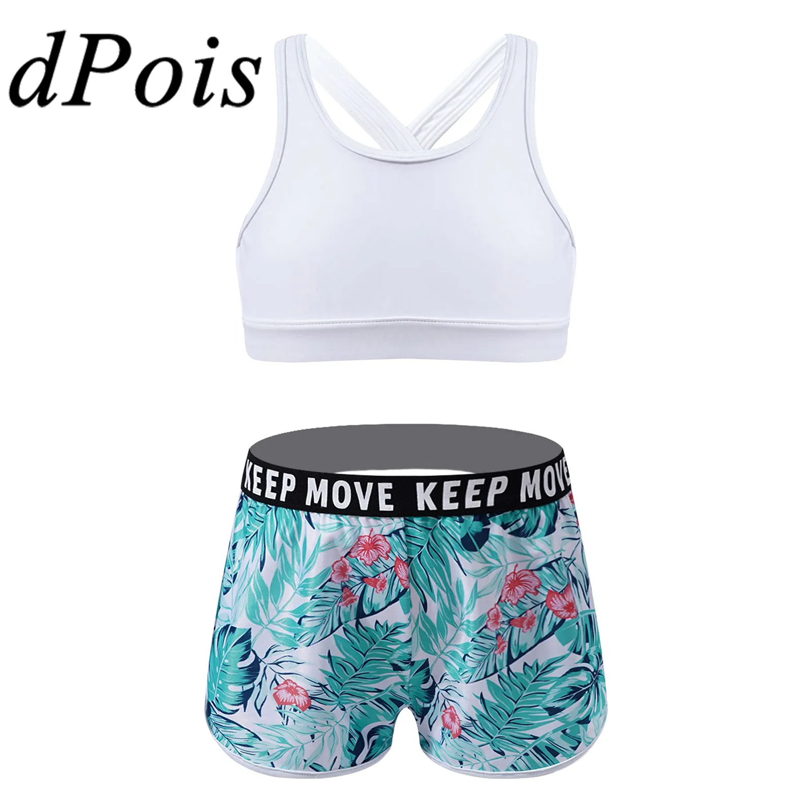 

2Pcs Kids Girls Tracksuits Dancewear Bras Tops and Printed Shorts Childrens Bathing Suit Ballet Gym Workout Outfits Yoga Sets