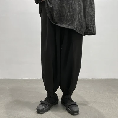 Home-made design dark warm fleece drawstring design straddle pants