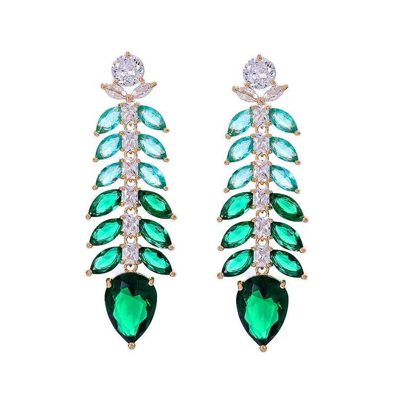 Colorful Cubic Zirconia Leaves Pendant Earrings for Women Luxury Jewelry Female Fashioin Feather Dangle Earrings