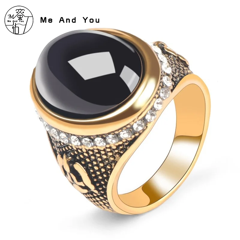

European Style Retro Black Gem Gold Plated Diamond New Carved Men's Ring