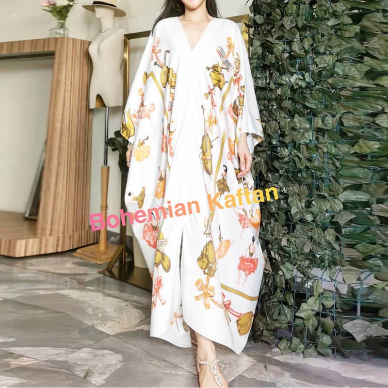 kuwait Fashion Blogger  recommend popular printed silk kaftan maxi dresses loose summer beach bohemian long dress for lady