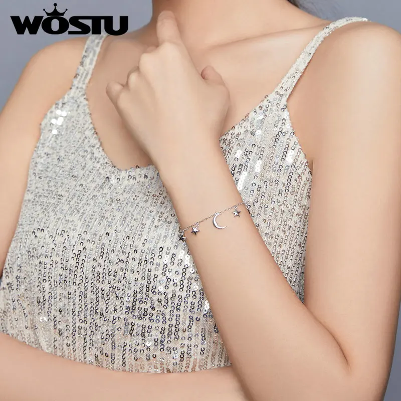 Звено цепи женское из серебра 925 пробы с Луной и искусственными звездами|Гибкие