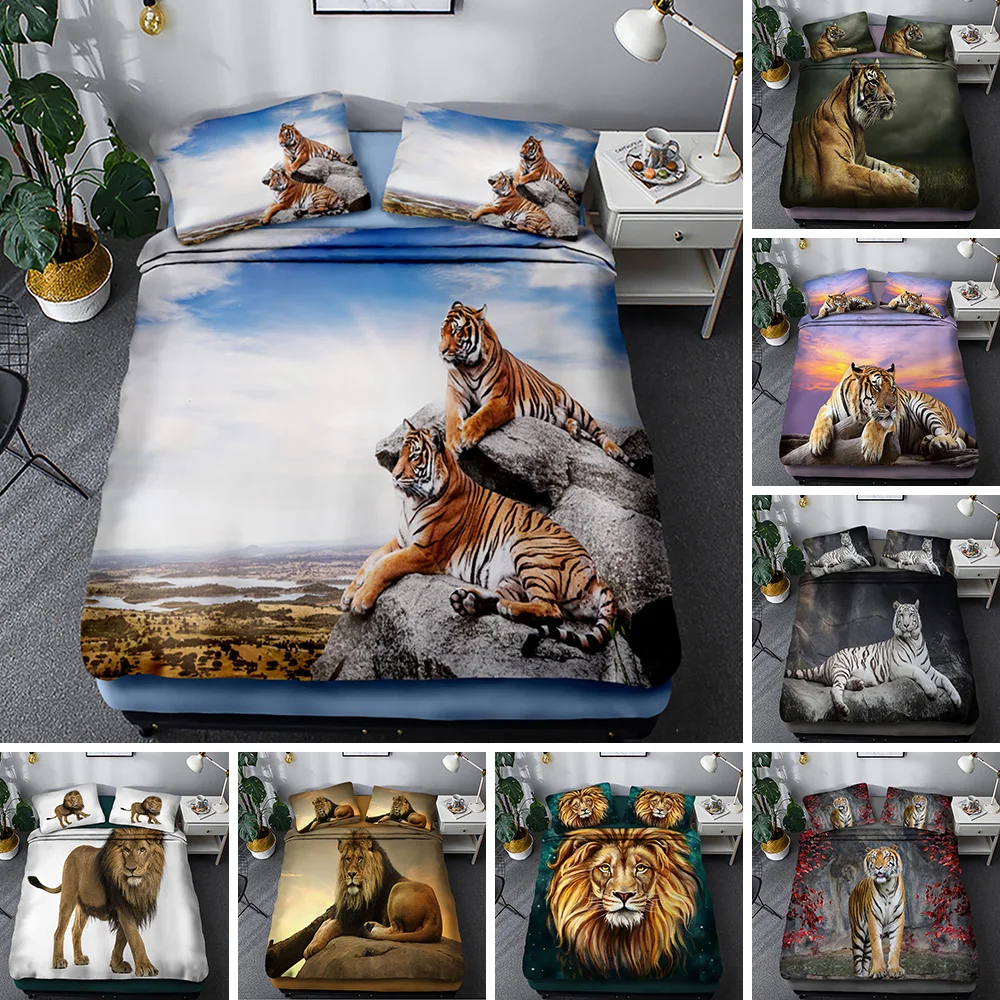 

2021 HD Digital Print Tiger Lion Bedding Sets Duvet Cover+ Pillowcase 2/3pcs Customized bed set US/AU/EU size 11 Size