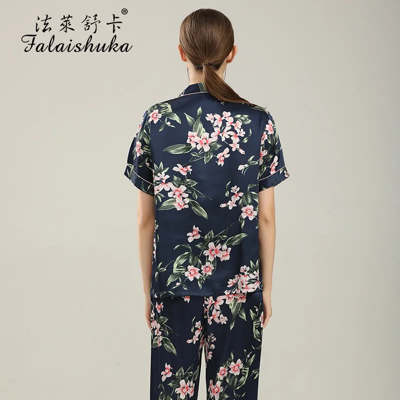 19 momme 100% silk pajama sets women short sleeve trousers noble Flowers indoorwear pyjamas women pijamas mujer T8275