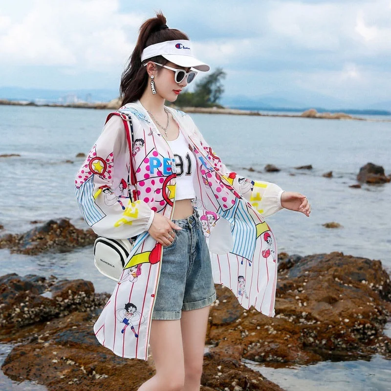 

Plus Size Hooded Sun Protection Clothing Summer Clothes Trendy Print Womens Korean Sunscreen Women Jacket UV Thin Coat Y313
