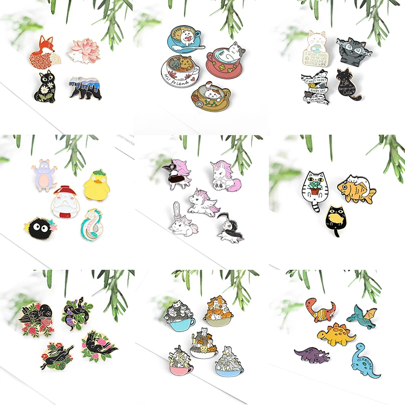 

3-5pcs/Set Animal Enamel Pin Cat Fox Dinosaur Brooches for Women Men Bag Clothes Lapel Pin Cartoon Metal Badge Jewelry Gift 2021