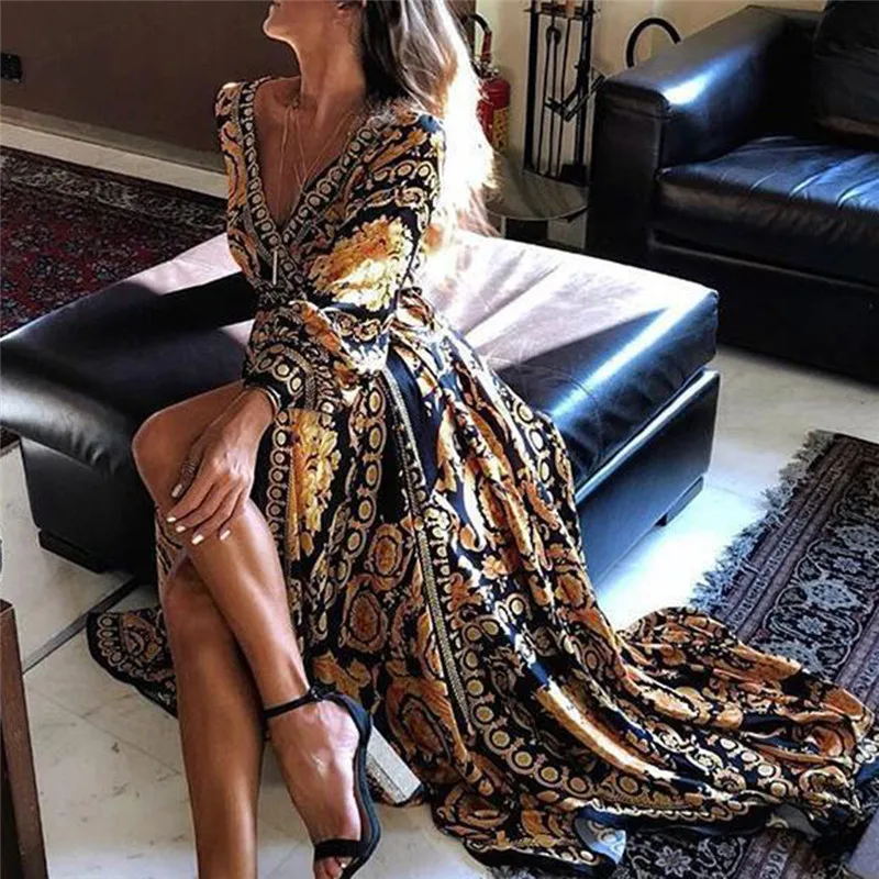 Bohemian Retro Floral Print Summer Dresses For Women Gold Color Long Sleeve V Neck Maxi Dress Women Beach Holiday Club Dresses images - 6