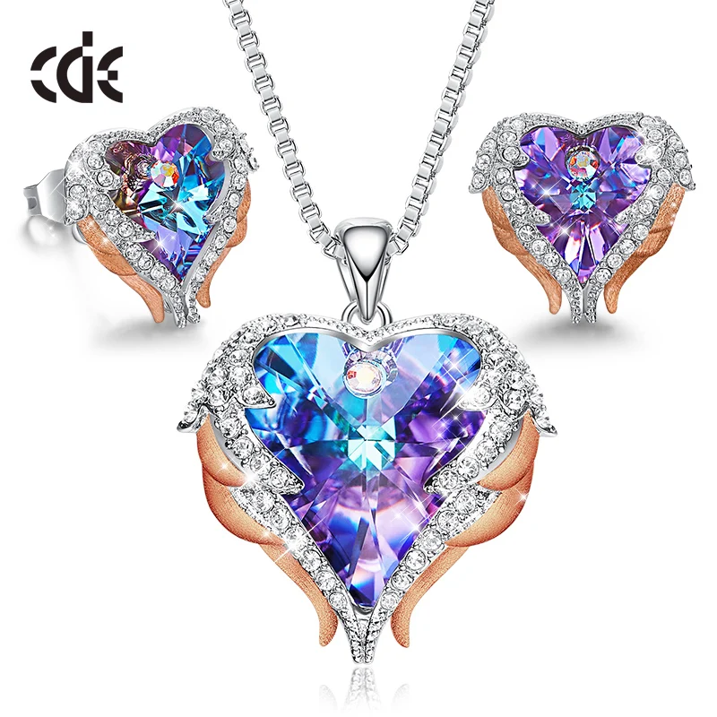 Purple P0902G E1752G CDE, женское ожерелье, серьги, ювелирный набор, украшенный кристаллами Swarovski, женское сердце, подвеска, шпилька, модное ювелирное изделие, подарок - Цвет камня: Purple P0902G E1752G