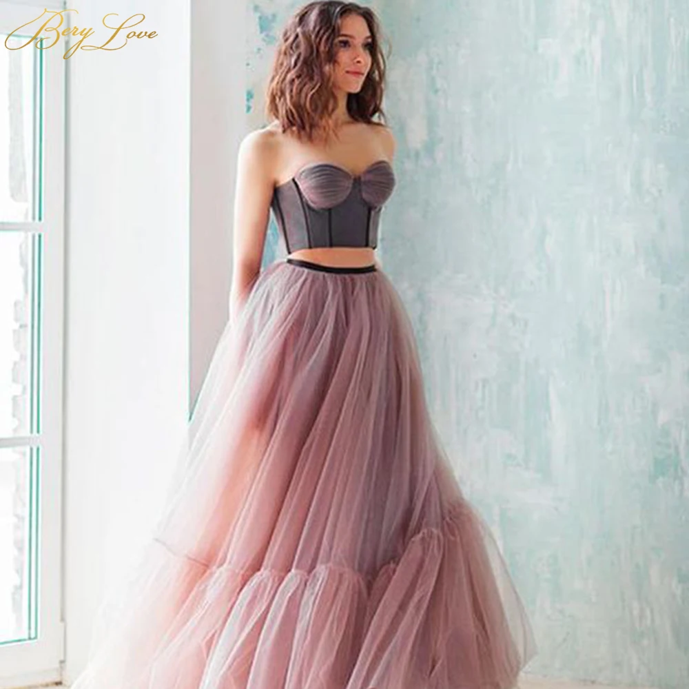 Fading Tulle 2 Piece Prom Dress Dyed Long Fairy Gown Off the Shoulder Boned Sattin Corset Formal Woman A line Girl Evening Dress