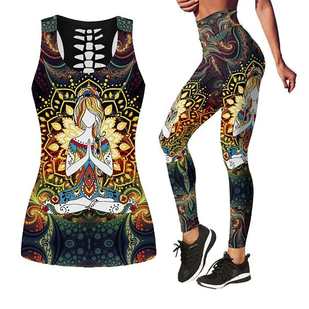 

European and American hip lift 3d digital print bottom slim vest leggings thin short-sleeved pants