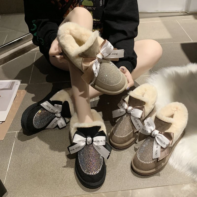 Женские ботинки зимние плюшевые ботильоны со стразами нескользящая брендовая