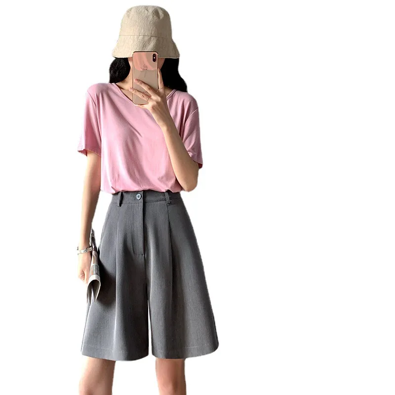 Новинка 2021 Костюмные тканевые летние прямые брюки с высокой талией средней длины