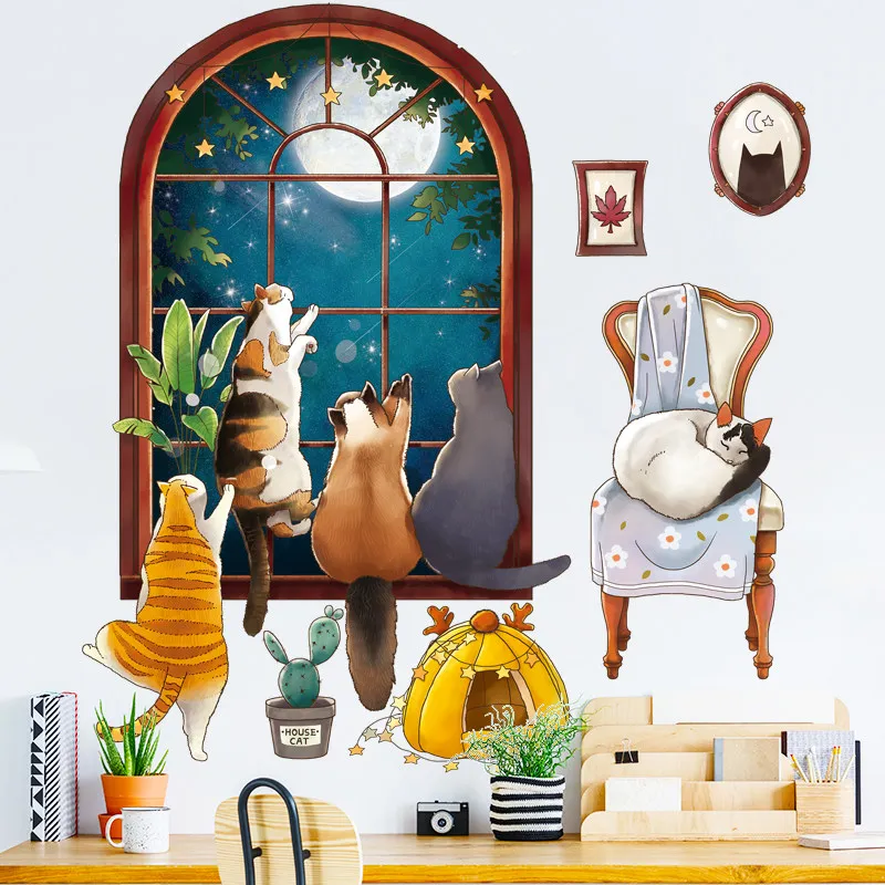 

Cartoon Wall Sticker for Kids Room Home Decor Cartoon Animals Cute Cat Wall Decals Pvc Mural Art Diy Starry Sky Window Wallpaper