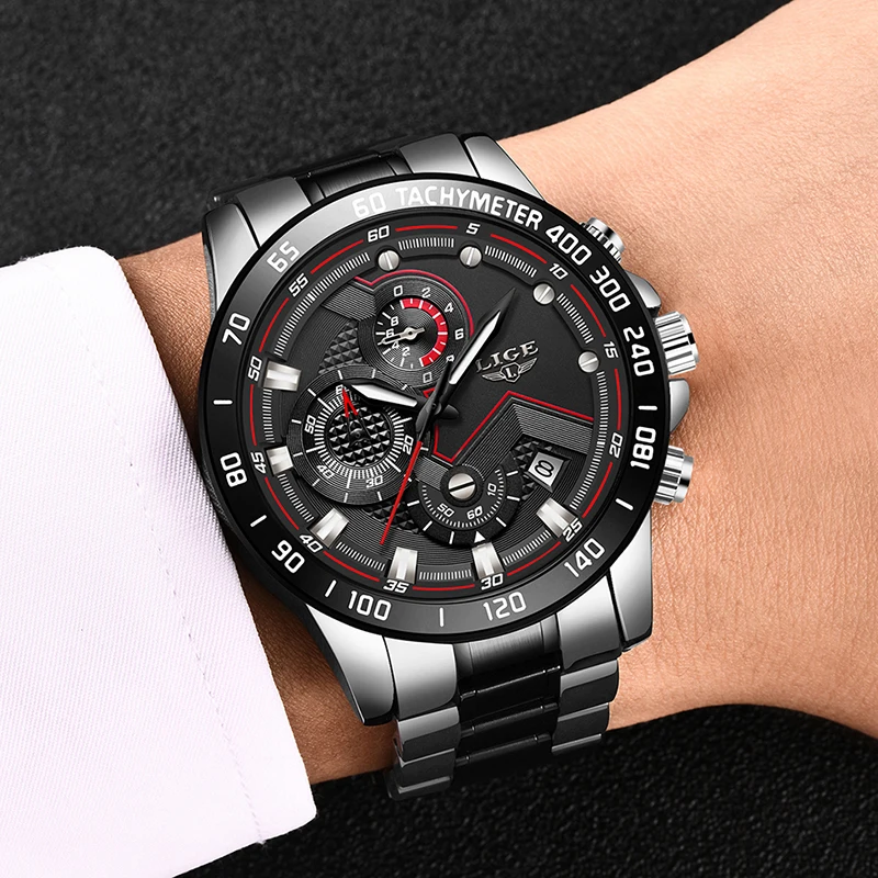 Часы наручные LIGE мужские с датой деловые водонепроницаемые Модные