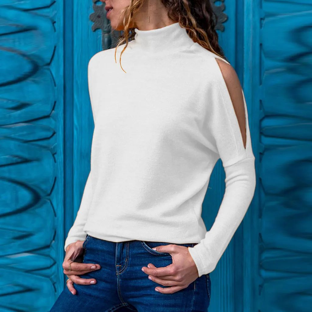 Женская футболка осенняя мода Однотонная стоячий вырез длинный рукав топ camisetas