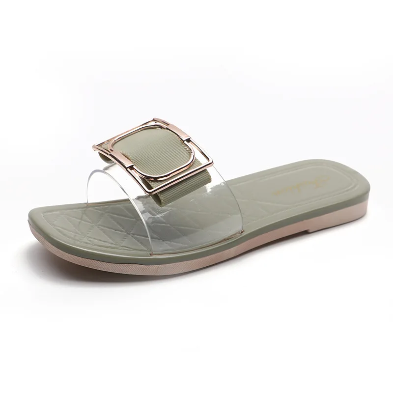 

Fashion Square Buckle High Heels New Summer Shoes Woman Metal Transparent Square Mid Heel Mules Shoes Female Open Slippers Women