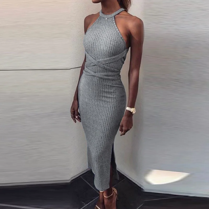 

Elegant Knit Halter Neck Belt Halter Dress Women's Autumn Side Slit Halter Solid Sling Bag Hip Dress Jacket Elegant Mid-length