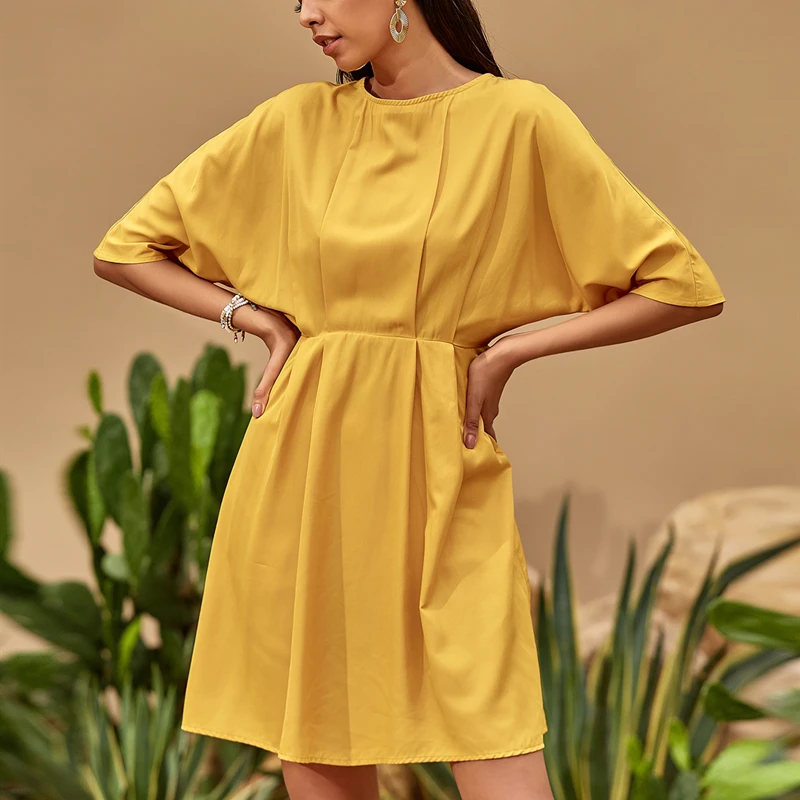 

2021 Spring Women's Dress Casual O Neck Batwing Sleeve Elastic Waist Dress Female New Fashion Vintage Solid Color Office Dresses