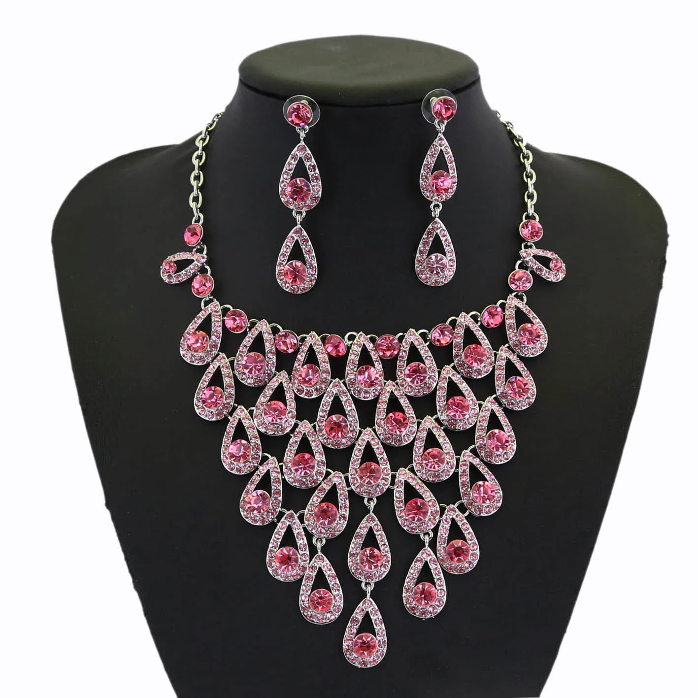 

Yualili High End Gaudy Dream Pink Drop Diamond Pendant Necklace Jewelry Set Grand Wedding Bridal Women Accessories Jewelery Sets