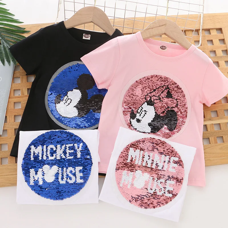 

Disney Mickey Minnie Children T-shirt Summer Casual O-neck Kids Top Tees for Girl Sequined Baby Toddler Boys Pullover Shirts