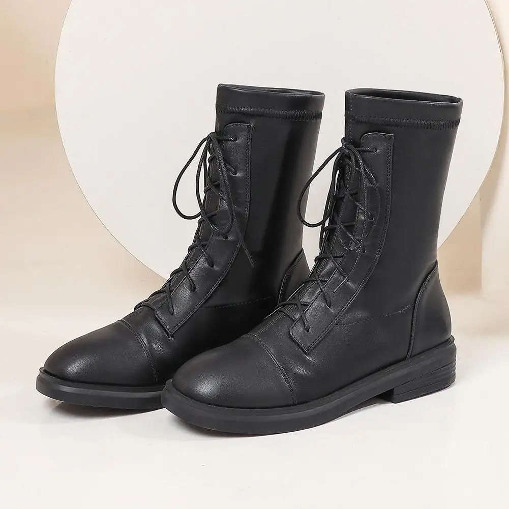 

DORATASIA Female Classic Round Toe shoelace Mid Calf Boots Winter Sewing Boots Women Fashion Brand Casaul Low Heel Shoes Woman