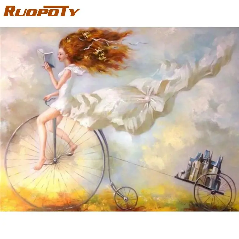 

RUOPOTY Paints By Numbers Girl And Bike Figure Painting HandPainted 60x75cm Framed On Canvas Home Wall Art Craft Kits Unique Gif