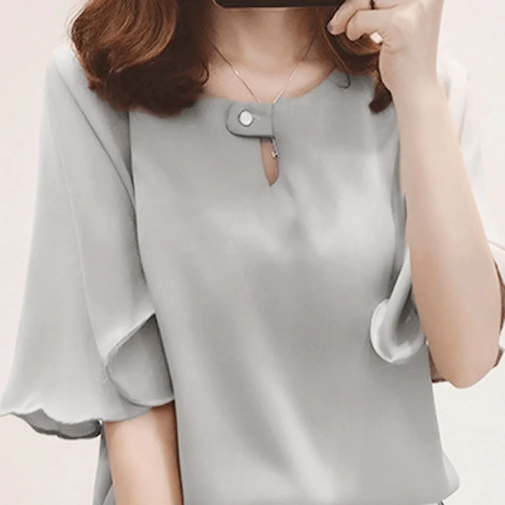 Женская шифоновая блузка рубашка с коротким рукавом однотонная Повседневная