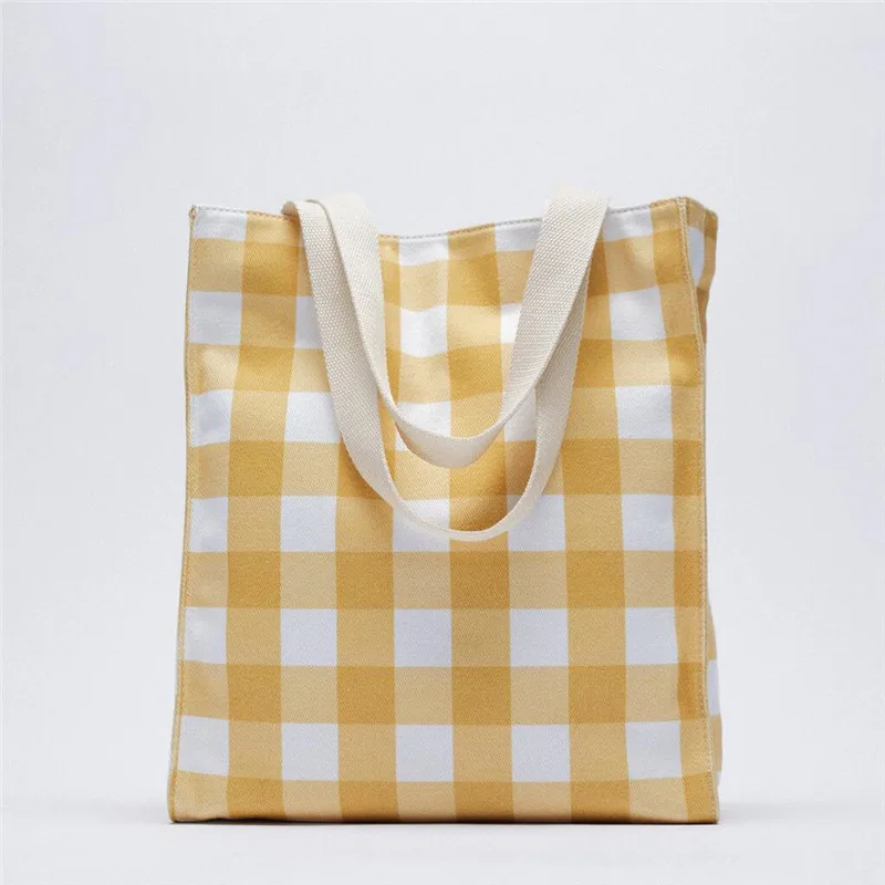 

Casual Plaid Canvas Tote Shopper Bags for Women 2021 Brands Cloth Women's Shoulder Bag Handbag Designer Small Clutch Purses New