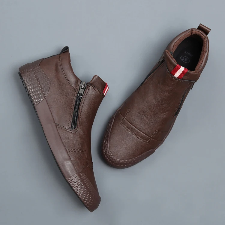 

New Men Leather Casual Shoes Spring Autumn Fashion Double Zipper Trend High Tops Flat Shoes Cool Loafers