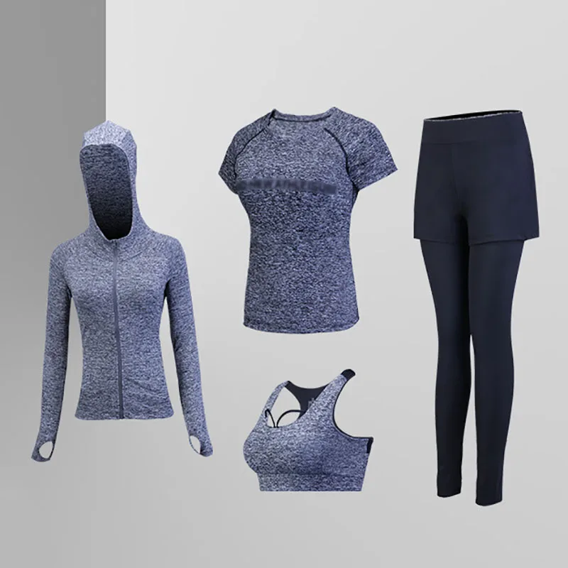 Grey Комплект для йоги, бесшовный спортивный бюстгальтер+ укороченный топ с коротким рукавом+ женские леггинсы для бега, спортзала, с высокой талией, для тренировок, фитнеса, дышащий спортивный костюм - Цвет: Grey