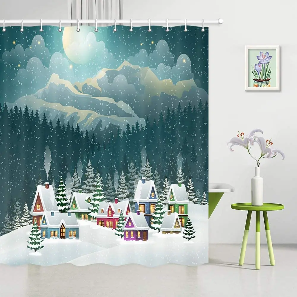 Pine Forest Mountain Landscape Shower Curtains, Snow Winter Night Christmas Farm House Cabin Scene Bathroom Fabric Bath Curtain