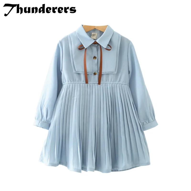 New children's clothing girls temperament pleated spring and autumn new waist long sleeves cute dress in the section | Детская